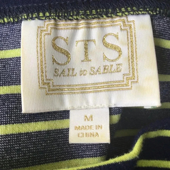 Sail To Sable Navy Yellow Stripe shift dress pockets 3/4 sleeves Size M - Picture 6 of 8